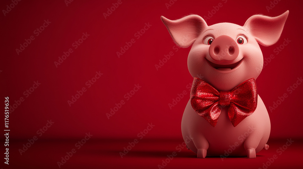 Cartoon cute Christmas pig animal character with a big red bowtie sits cheerfully, showcasing a playful face expression. Isolated vector pink piglet personage ready for holiday or festive celebrations Cartoon cute Christmas pig animal character with a big red bowtie sits cheerfully, showcasing a playful face expression. Isolated vector pink piglet personage ready for holiday or festive celebrations