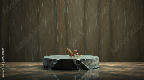 Abstract nature scene Stone podium composition and dry flower on beige brown background for cosmetic, beauty product branding, perfume, skin care and cosmetic backdrop. Copy space, front view