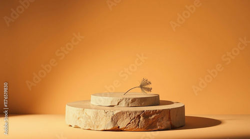 Abstract nature scene Stone podium composition and dry flower on beige brown background for cosmetic, beauty product branding, perfume, skin care and cosmetic backdrop. Copy space, front view