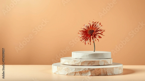 Abstract nature scene Stone podium composition and dry flower on beige brown background for cosmetic, beauty product branding, perfume, skin care and cosmetic backdrop. Copy space, front view