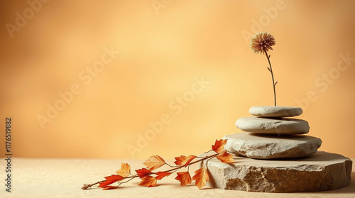 Abstract nature scene Stone podium composition and dry flower on beige brown background for cosmetic, beauty product branding, perfume, skin care and cosmetic backdrop. Copy space, front view