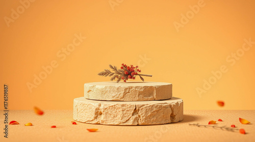 Abstract nature scene Stone podium composition and dry flower on beige brown background for cosmetic, beauty product branding, perfume, skin care and cosmetic backdrop. Copy space, front view