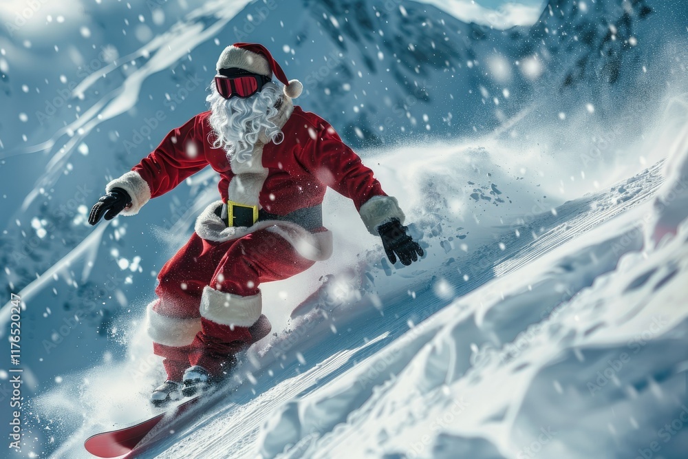 High Definition Image of Santa Claus Snowboarding Down the Mountain, Enjoying the Winter Holiday High Definition Image of Santa Claus Snowboarding Down the Mountain, Enjoying the Winter Holiday