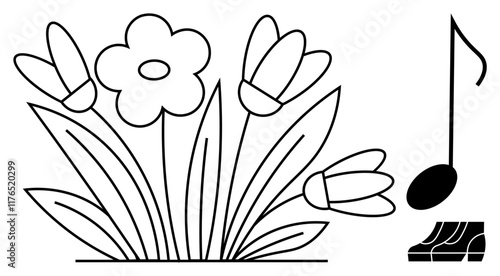 Blooming flowers with leaves beside a musical note and piano keys. Ideal for nature, art, creativity, harmony, simplicity, relaxation, and abstract design themes. Abstract line flat metaphor