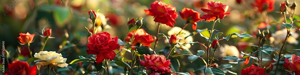 Dense garden of blooming red and yellow roses in sunlight Dense garden of blooming red and yellow roses in sunlight