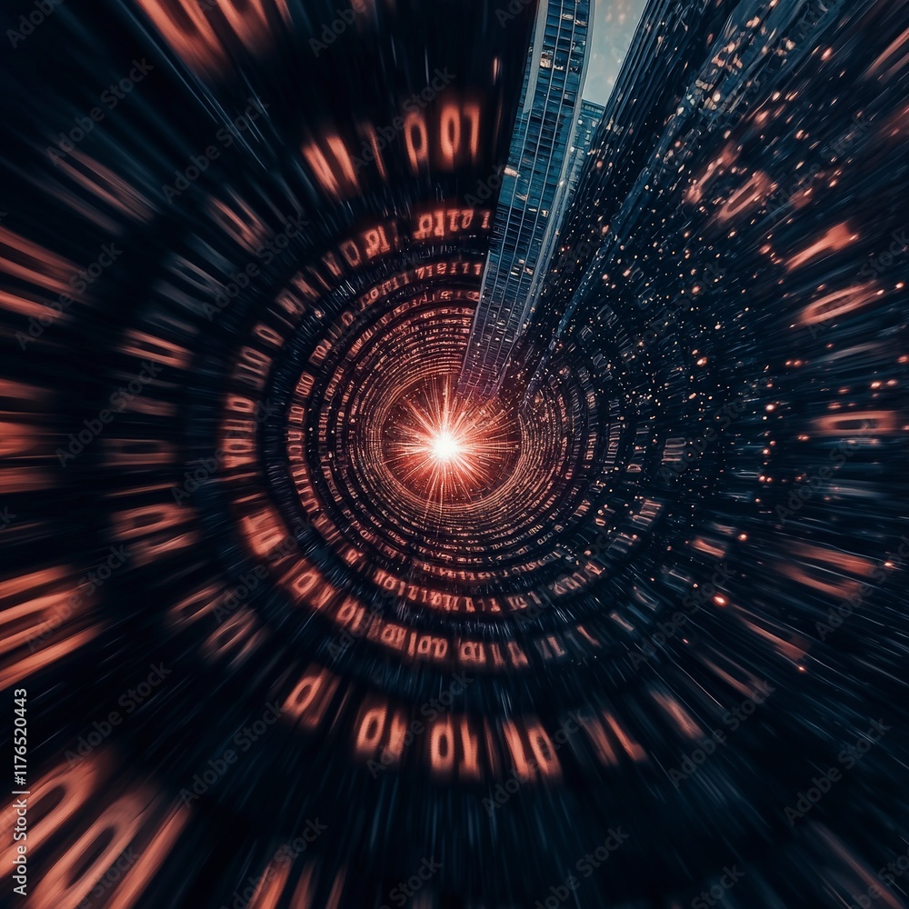 Obraz premium Digital Data Stream Futuristic Tunnel Binary Code Cityscape Technology Abstract Backg