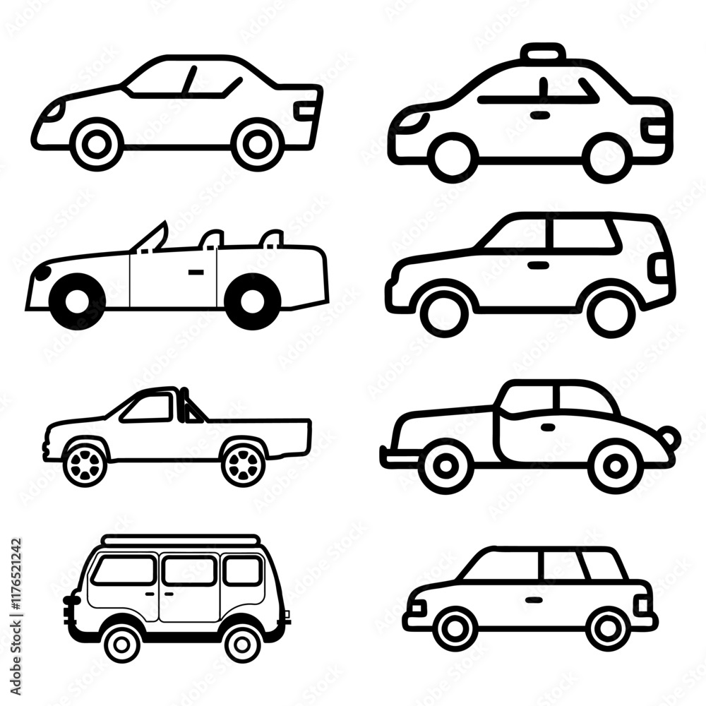 Transporttation vehicles automobile traffic of trasport car van truck black siluete side view pictograms icons outline set colletions vector flat design white background Transporttation vehicles automobile traffic of trasport car van truck black siluete side view pictograms icons outline set colletions vector flat design white background