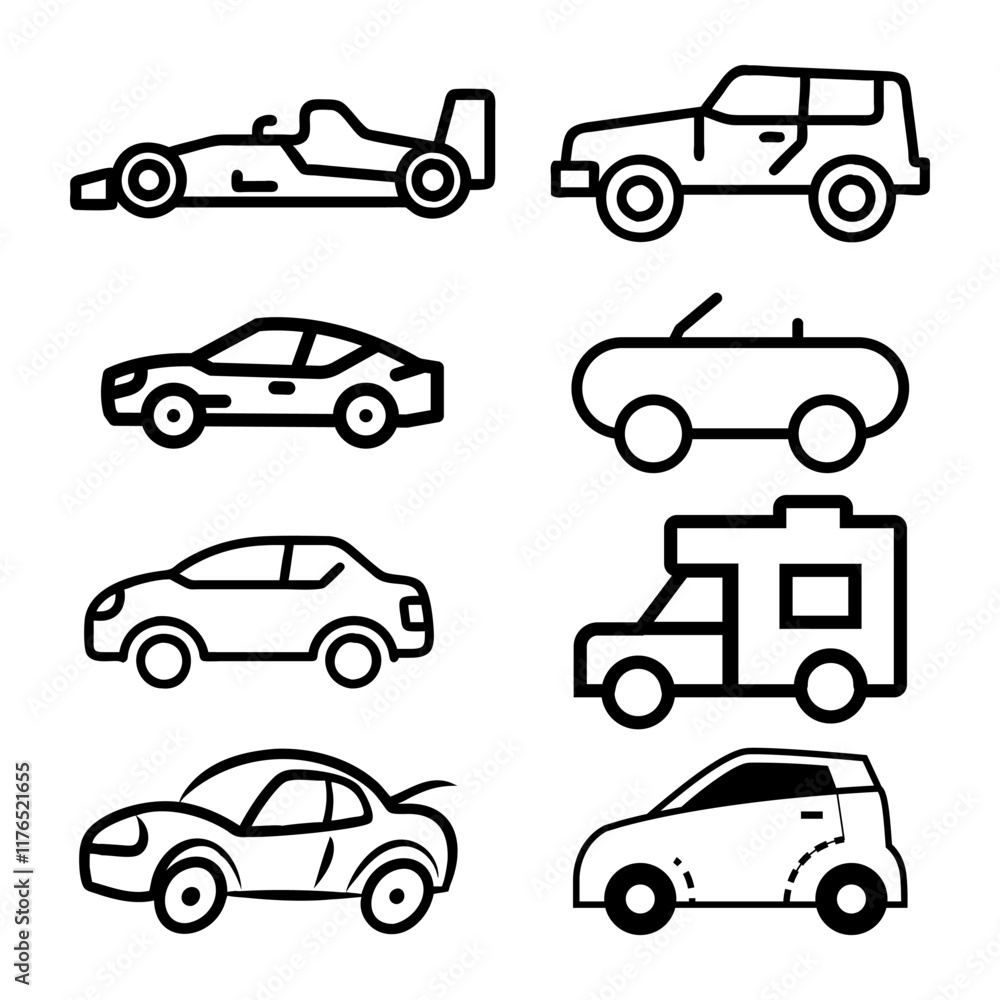 Transporttation vehicles automobile traffic of trasport car van truck black siluete side view pictograms icons outline set colletions vector flat design white background Transporttation vehicles automobile traffic of trasport car van truck black siluete side view pictograms icons outline set colletions vector flat design white background