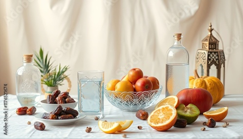 fast breaking food. Fruit, milk, dates, water, oranges photo