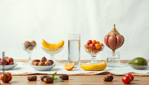 fast breaking food. Fruit, milk, dates, water, oranges photo