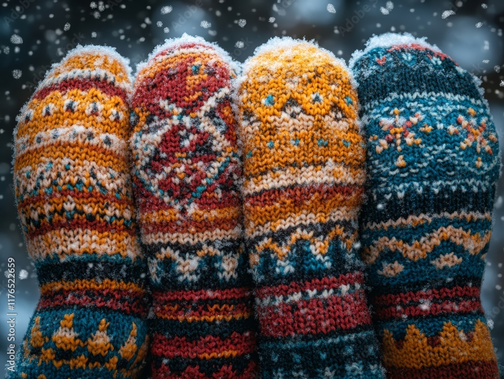 A collection of colorful, hand-knit mittens with intricate patterns lie nestled in the snow, creating a cheerful and festive winter scene. A collection of colorful, hand-knit mittens with intricate patterns lie nestled in the snow, creating a cheerful and festive winter scene.