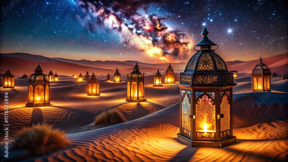Fototapeta premium Warm Arabian Nights: Welcoming Glowing Lanterns & Starry Sky