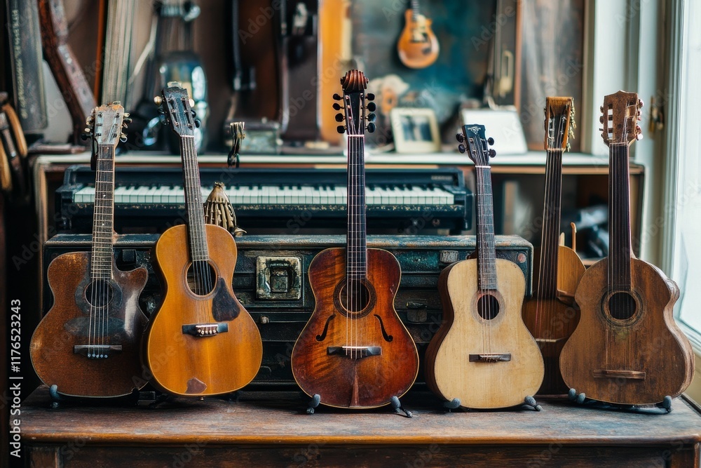 Naklejka premium Five acoustic guitars rest on wooden surface.