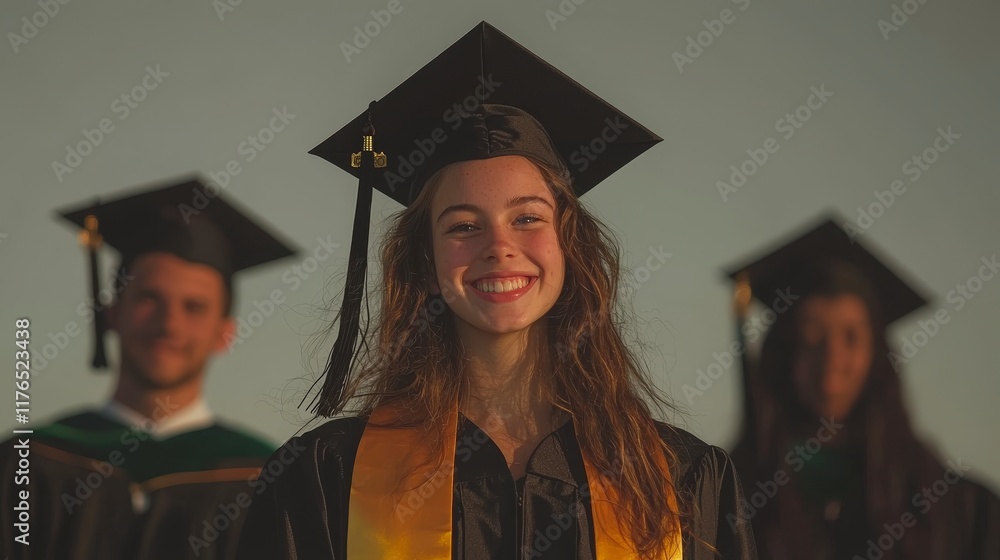 Obraz premium Happy Graduate Woman in Cap and Gown Graduation Ceremony Achievement Success