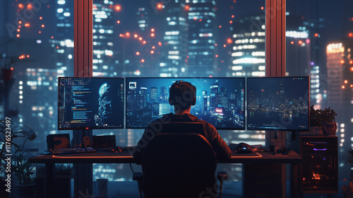 Wallpaper Mural Gamer immersed in a multi-monitor setup overlooking a vibrant cityscape at night Torontodigital.ca