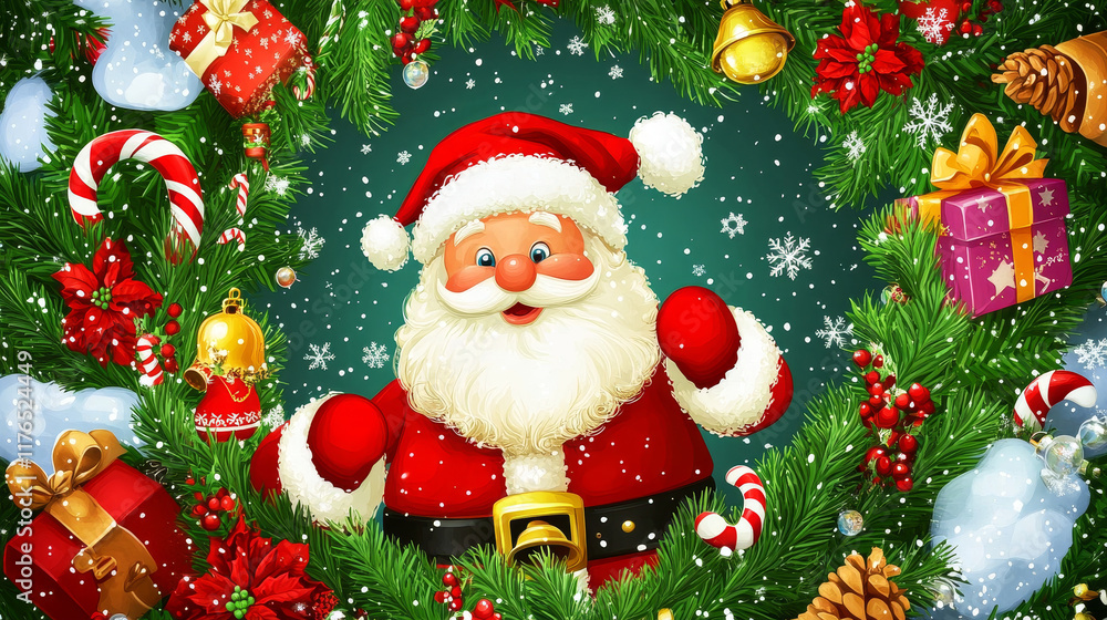 Santa with Christmas bell in frame of vector Xmas wreath. Pine and fir tree, decorated with New Year winter holidays gifts and presents, ribbons, bows and stocking, candy cane, snow and gingerbread Santa with Christmas bell in frame of vector Xmas wreath. Pine and fir tree, decorated with New Year winter holidays gifts and presents, ribbons, bows and stocking, candy cane, snow and gingerbread