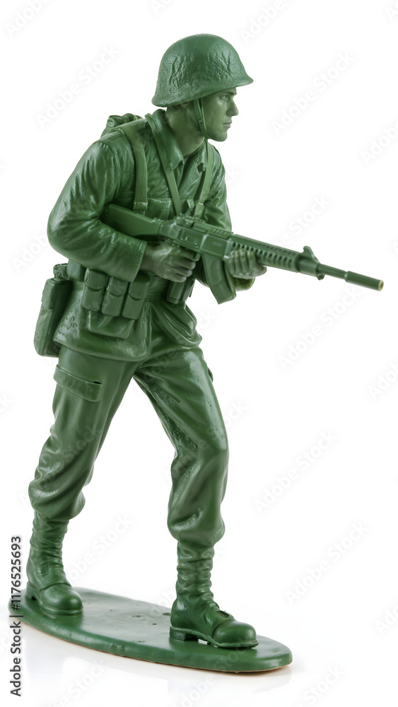Green plastic soldier figure in action pose holding a rifle, on a white background Green plastic soldier figure in action pose holding a rifle, on a white background