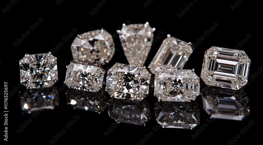 Collection of dazzling, cut diamonds on black reflective surface. Collection of dazzling, cut diamonds on black reflective surface.