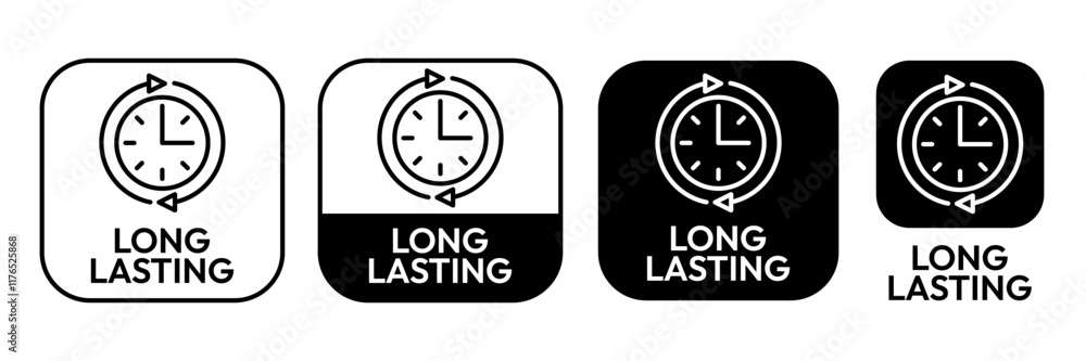 Long lasting icons set, logo, label, badge, symbol, arrow, stamp, black, line, flat vector, isolated illustration. Pharma or beauty label for product packaging design. Hourglass, time, clock icon. Long lasting icons set, logo, label, badge, symbol, arrow, stamp, black, line, flat vector, isolated illustration. Pharma or beauty label for product packaging design. Hourglass, time, clock icon.