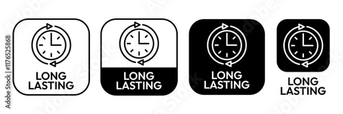 Long lasting icons set, logo, label, badge, symbol, arrow, stamp, black, line, flat vector, isolated illustration. Pharma or beauty label for product packaging design. Hourglass, time, clock icon. 