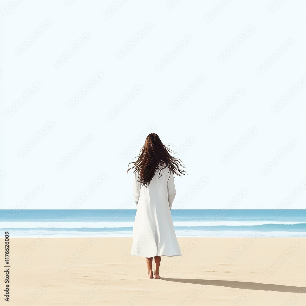 Woman walking on the beach seaside lifestyle image tranquil environment back view reflection on freedom Woman walking on the beach seaside lifestyle image tranquil environment back view reflection on freedom