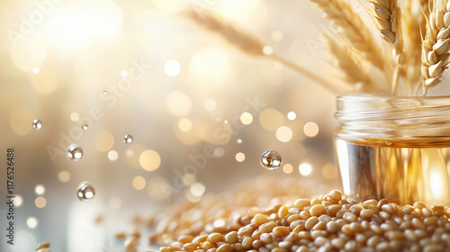 Fresh Wheat Germ Extracts Surrounded by Soft Minimalist Background with Copy Space for Beauty Themes photo