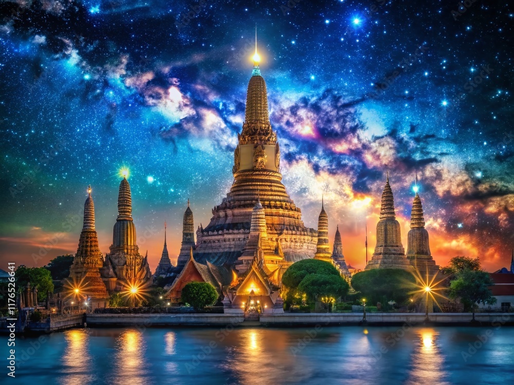 Obraz premium Wat Arun Temple Bangkok Night Photography, Illuminated Spire, Ancient Thai Architecture, Dramatic Night Scene