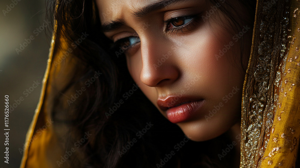 Portrait photography of a sad Indian woman, closeup, soft warm light from the flame, traditional attire, deep sadness Portrait photography of a sad Indian woman, closeup, soft warm light from the flame, traditional attire, deep sadness
