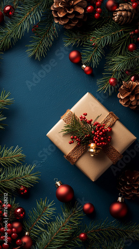 Christmas Gift  Pine Cones  Fir Branches  Red Ornaments  Festive Background