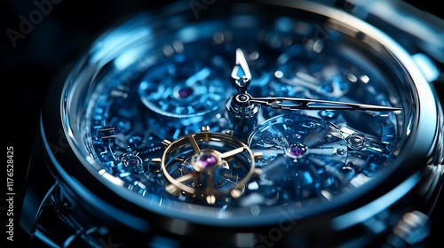 Close-up intricate watch mechanism, gears, blue tones, dark background, luxury advertising