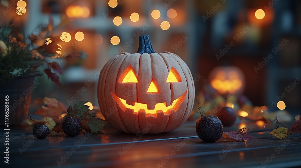 Fototapeta premium A vibrant jack-o'-lantern, illuminated by warm candlelight, sits amidst a festive autumnal display of pumpkins, leaves, and glowing lanterns, evoking a cozy and spooky Halloween ambiance.