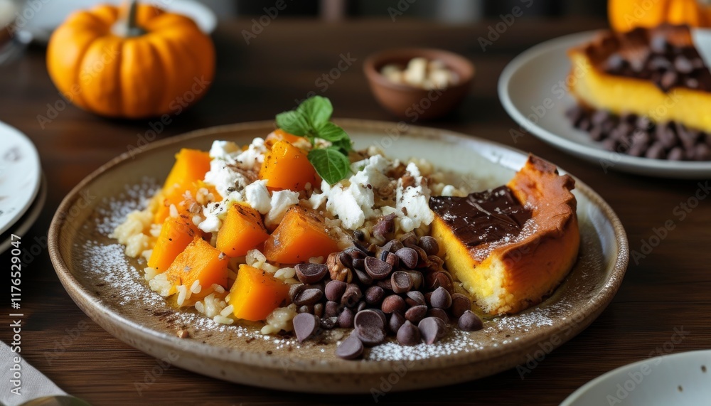 Creamy Pumpkin Risotto with Chocolate Chips and Fresh Mint Garnish on Rustic Plate Creamy Pumpkin Risotto with Chocolate Chips and Fresh Mint Garnish on Rustic Plate