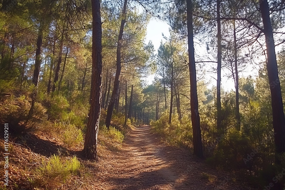 Fototapeta premium Sunlit path through a pine forest.
