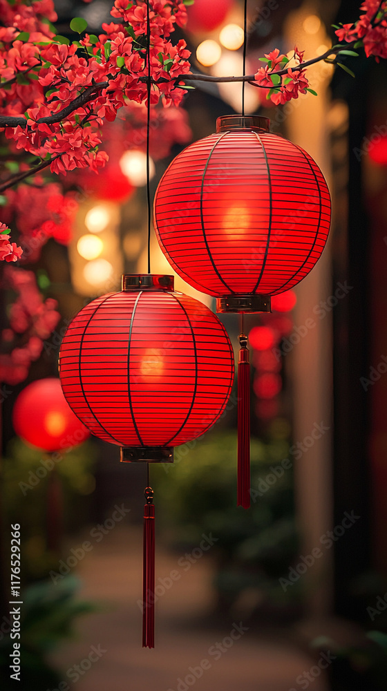 Obraz premium Red Chinese Lanterns Hanging with Cherry Blossoms