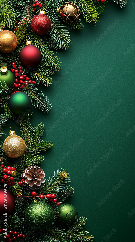 Festive Christmas Green Background with Ornaments Fir Branches Festive Christmas Green Background with Ornaments Fir Branches