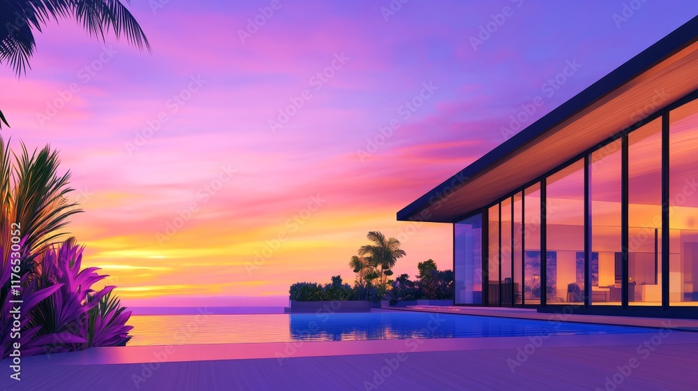 A serene modern villa by the pool at sunset, highlighting tranquility and luxury. A serene modern villa by the pool at sunset, highlighting tranquility and luxury.