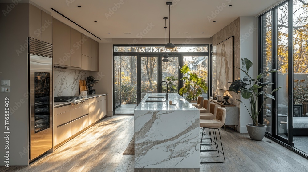 Fototapeta premium Luxurious Modern Kitchen with Marble Island and Large Windows