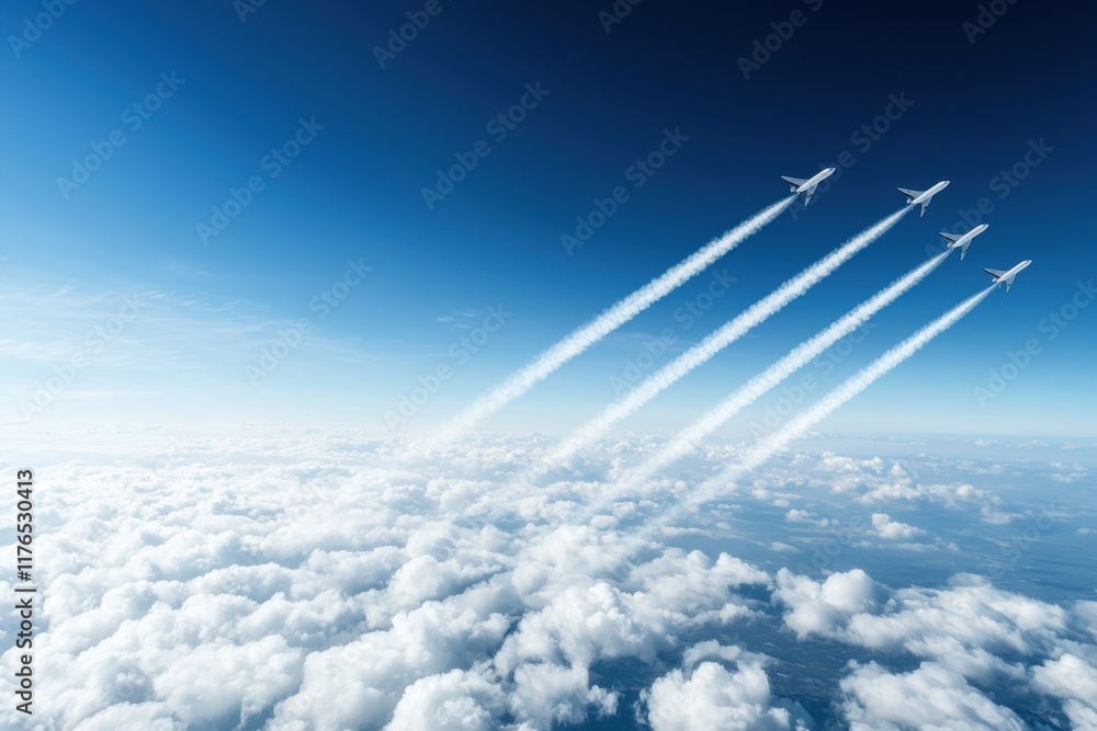 Fototapeta premium Jet aircraft in formation over clouds aerial photography clear sky aviation concept