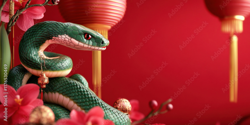 Fototapeta premium Green snake with orchid flowers and red lanterns set against a vibrant Chinese New Year backdrop