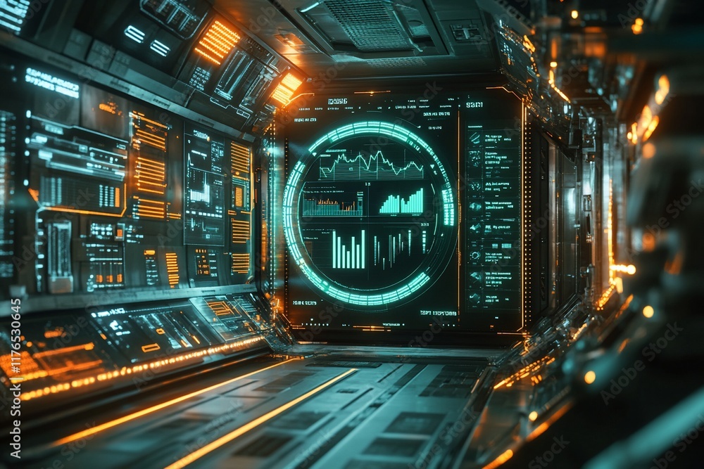 Obraz premium Futuristic spaceship control room; data analysis
