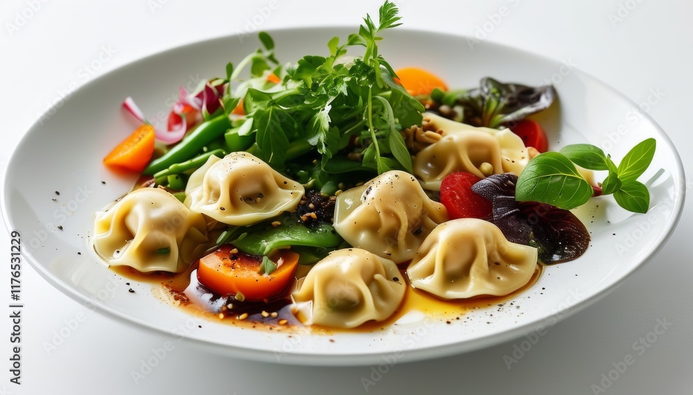 Delicious Ravioli with Fresh Vegetables and Herbs on a White Plate for Dinner Delight Delicious Ravioli with Fresh Vegetables and Herbs on a White Plate for Dinner Delight