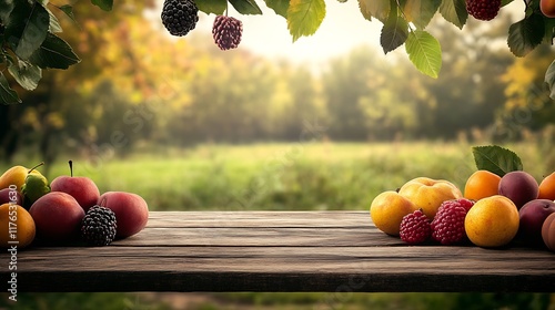 Rustic Wooden Table with Assorted Fresh Berries and Fruits in Countryside Setting : Generative AI photo