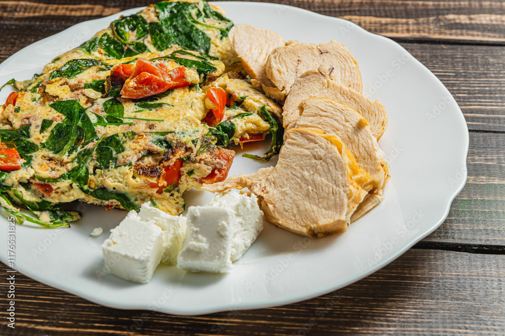 Delicious healthy hot breakfast, omelet with tomatoes and spinach chicken cheese Delicious healthy hot breakfast, omelet with tomatoes and spinach chicken cheese