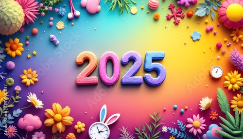 Vibrant 2025 New Year's Greeting with Colorful Flowers and Objects photo