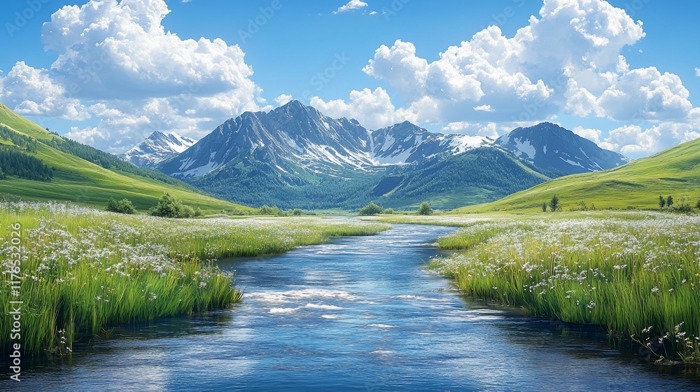 Fototapeta premium Mountain river flows through meadow, sunny day, clouds