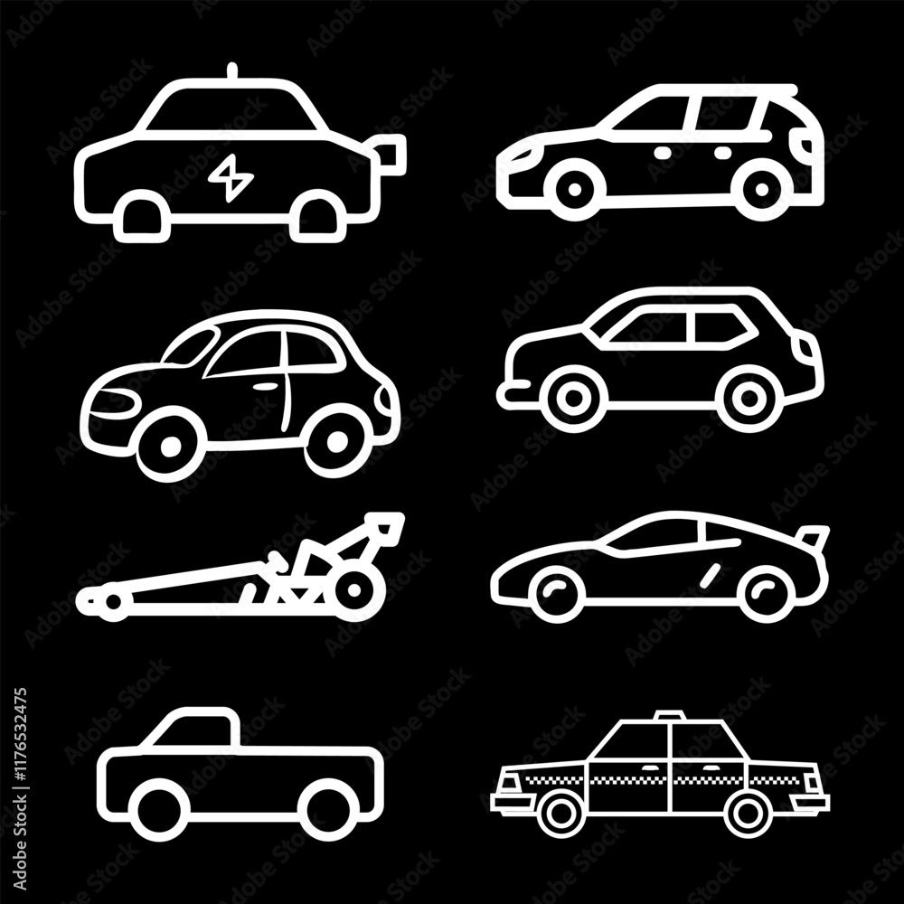 Transporttation vehicles automobile traffic of trasport car van truck White siluete side view pictograms icons outline set colletions vector flat design black background Transporttation vehicles automobile traffic of trasport car van truck White siluete side view pictograms icons outline set colletions vector flat design black background