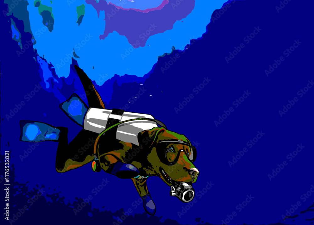 Obraz premium Realistic illustration of a Chocolate color Labrador retriever Scuba Diving 