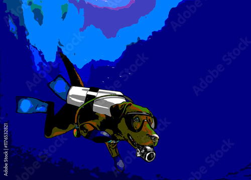 Realistic illustration of a Chocolate color Labrador retriever Scuba Diving	