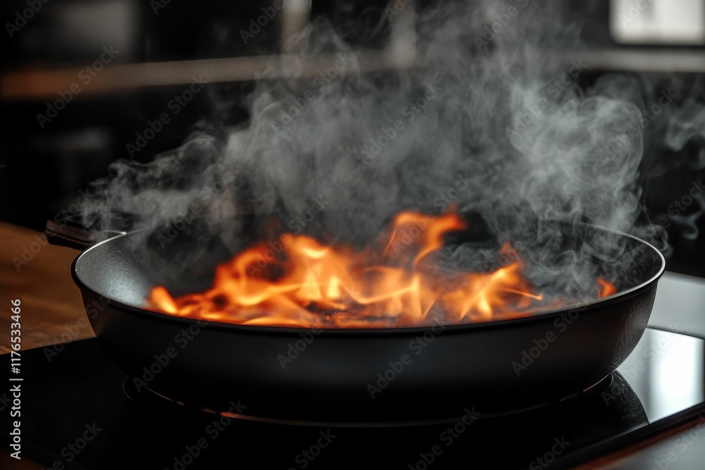 Flaming pan, smoke billowing, kitchen fire. Flaming pan, smoke billowing, kitchen fire.