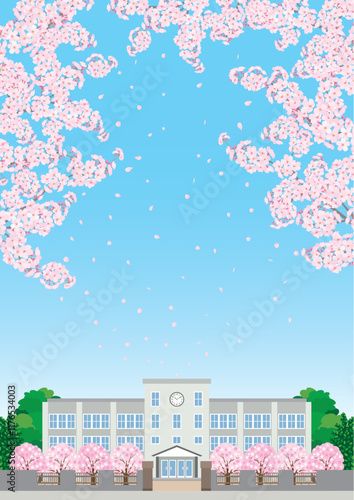 桜が咲く春の校舎のイラスト